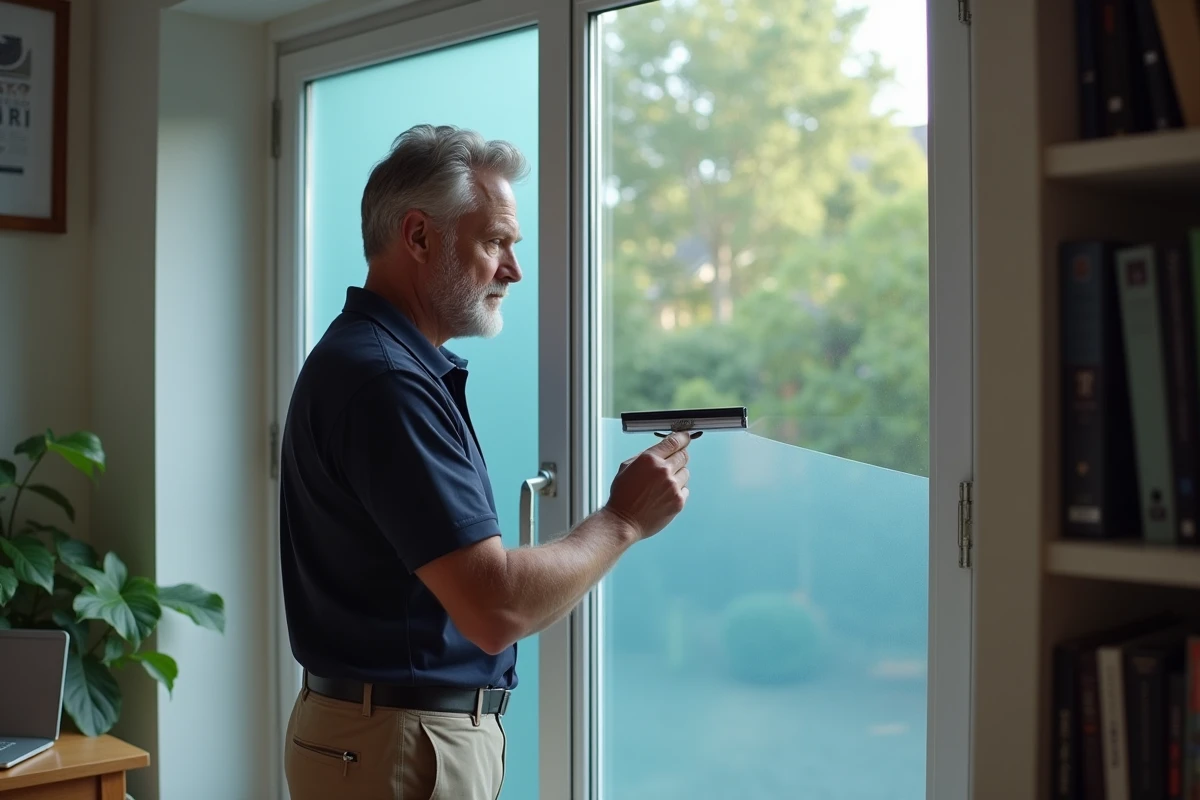 Homme appliquant un film solaire anti-chaleur sur une fenêtre de bureau à domicile pour réduire la chaleur du soleil