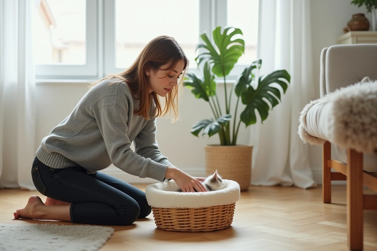 Jeune femme préparant un panier douillet pour l'arrivée d'un chaton dans un salon scandinave