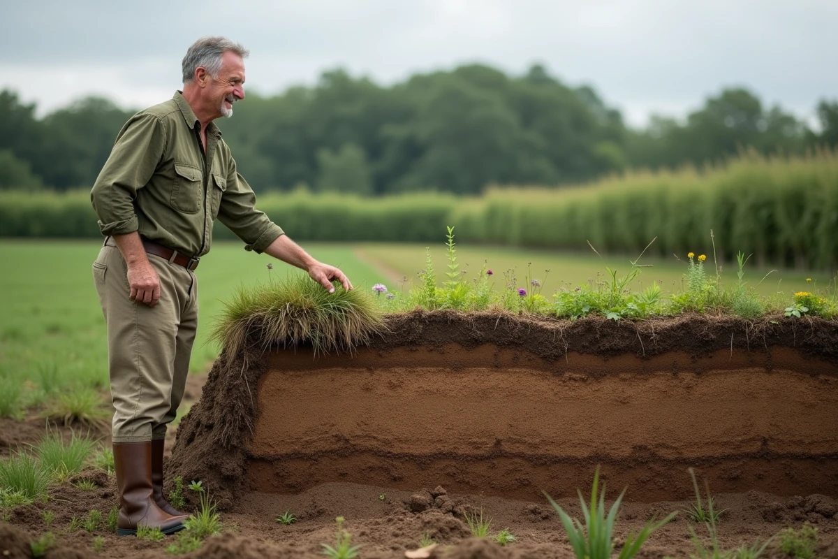 Homme présentant un profil de sol en permaculture avec horizon pédologique visible en terrain ouvert