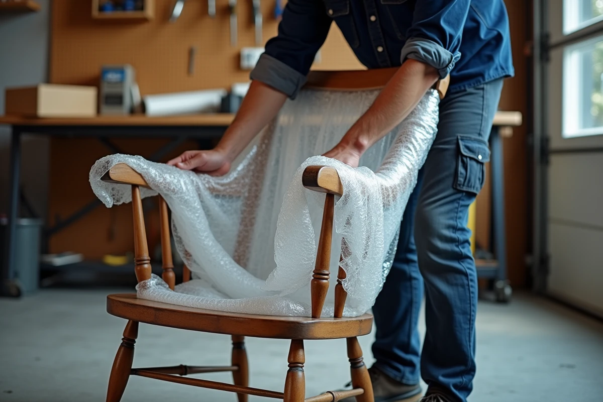 Homme protégeant les accoudoirs d'une chaise à bascule ancienne avec du papier bulle dans un garage avant un déménagement