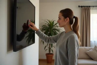 Femme éteignant sa télévision pour réduire la consommation électrique dans un salon moderne