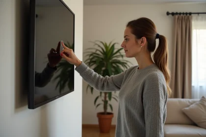 Femme éteignant sa télévision pour réduire la consommation électrique dans un salon moderne