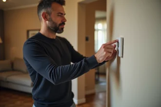 Homme réglant une minuterie de chauffage sur un thermostat digital blanc fixé au mur dans un salon moderne