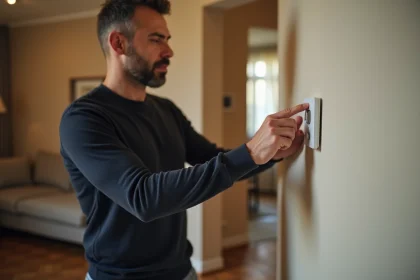 Homme réglant une minuterie de chauffage sur un thermostat digital blanc fixé au mur dans un salon moderne