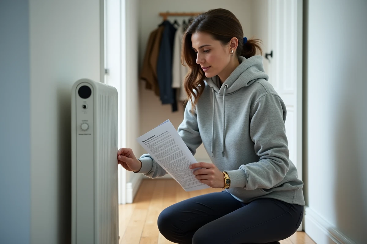 Femme consultant une notice pour régler la minuterie d'un radiateur électrique dans un couloir résidentiel