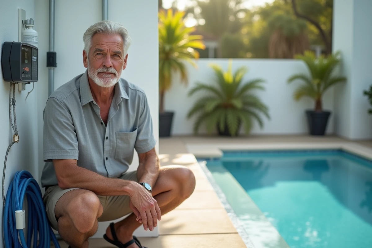 Homme réglant le thermostat d'un système de chauffage de piscine pour maintenir une température optimale pendant la nuit