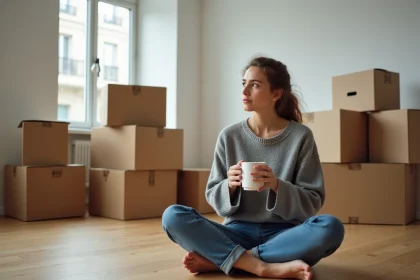 Femme fatiguée assise parmi des cartons de déménagement dans un appartement vide, tenant une tasse, illustrant la récupération émotionnelle après un déménagement