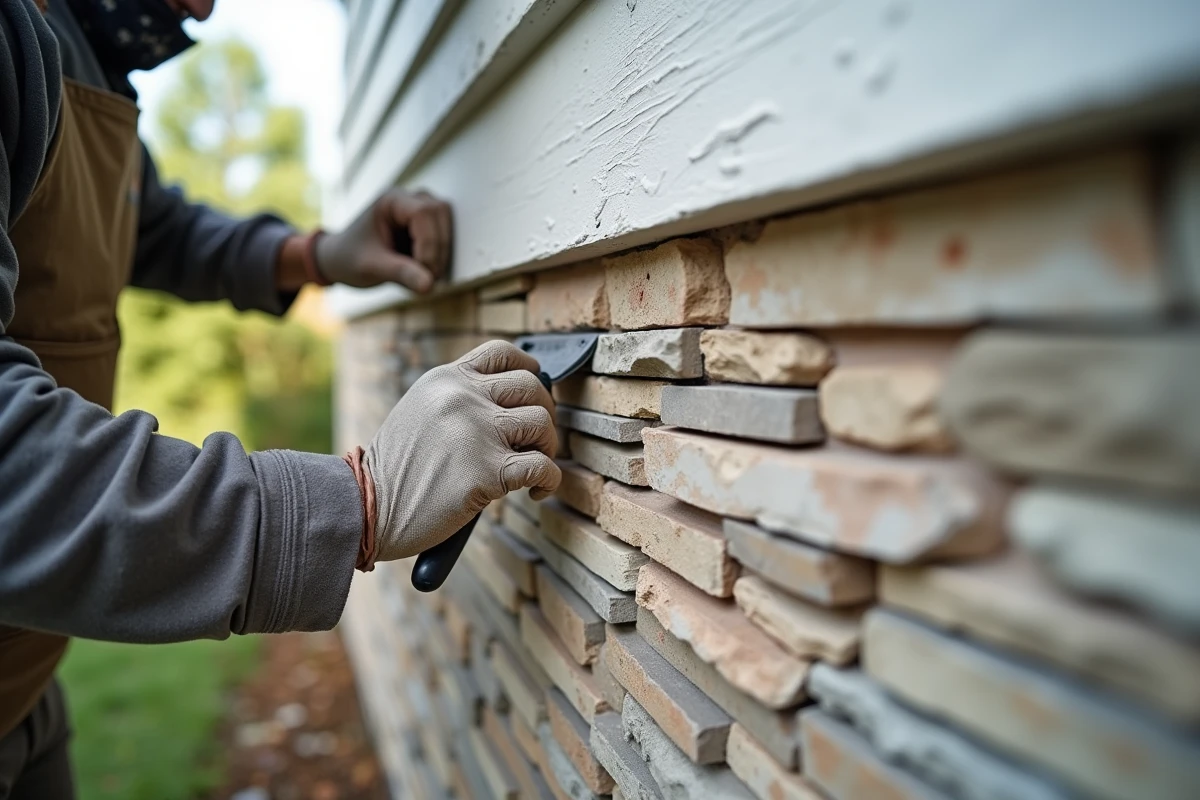 Artisan posant des panneaux de pierre décorative sur une façade de maison en cours de rénovation