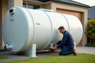 Technicien inspectant un réservoir d'eau polyéthylène blanc installé à côté d'une maison familiale de 3 chambres