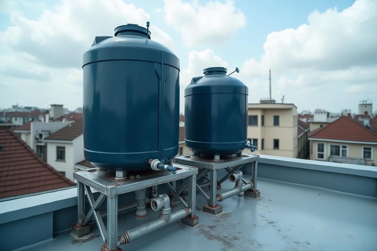 Réservoirs d'eau en polyéthylène bleu installés sur le toit d'une maison urbaine avec raccordements PVC visibles