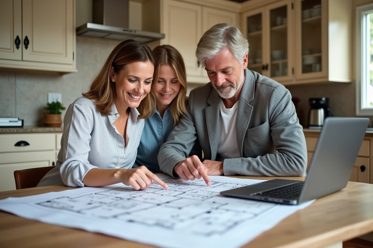 Propriétaires et agent immobilier discutant des plans d'extension de combles pour augmenter la valeur de la maison