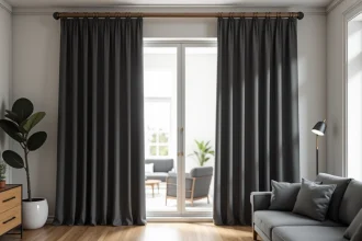 Rideaux occultants gris anthracite couvrant une fenêtre de salon pour bloquer la lumière
