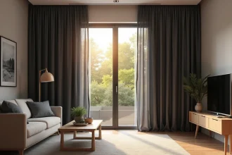Rideaux occultants gris anthracite tirés dans un salon moderne pour protéger de la chaleur estivale