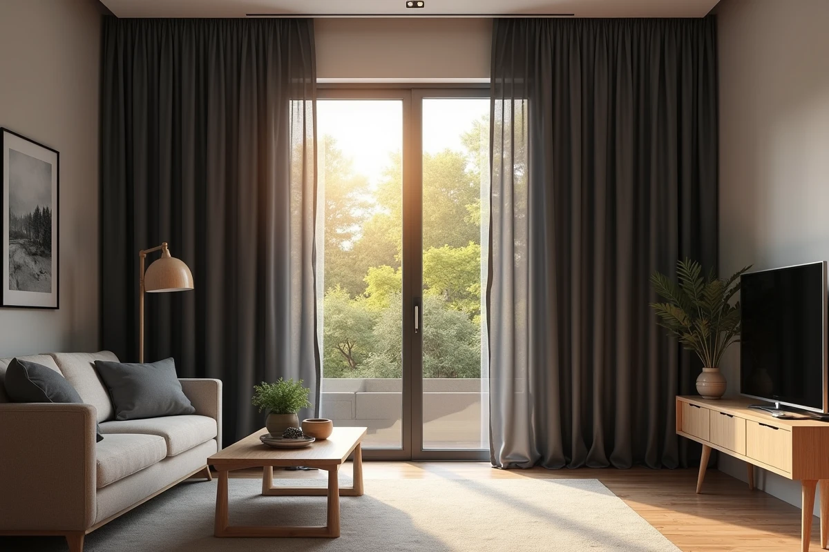 Rideaux occultants gris anthracite tirés dans un salon moderne pour protéger de la chaleur estivale