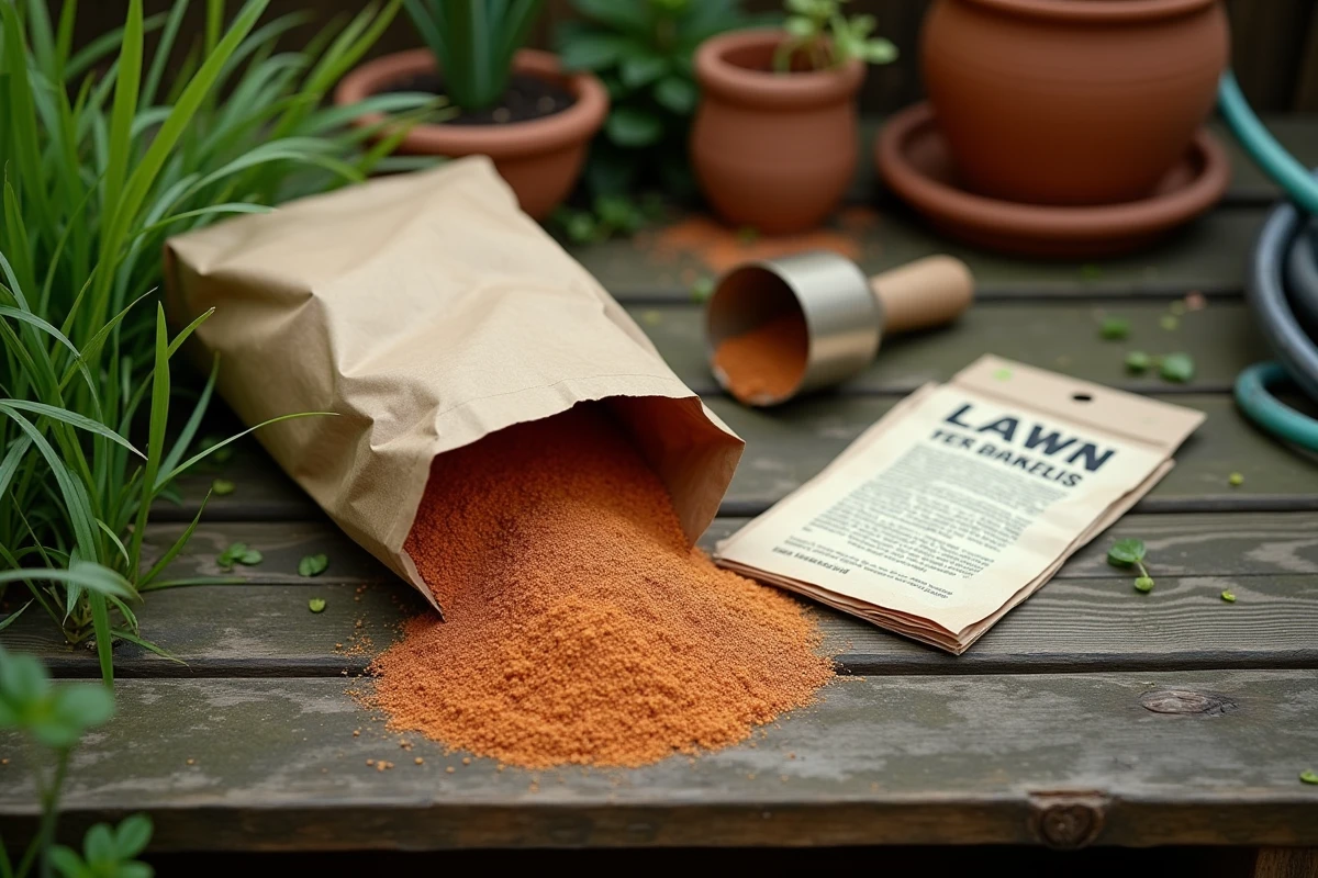 Sac d'engrais pour pelouse ouvert avec une pelle métallique sur un établi de jardin en bois rustique