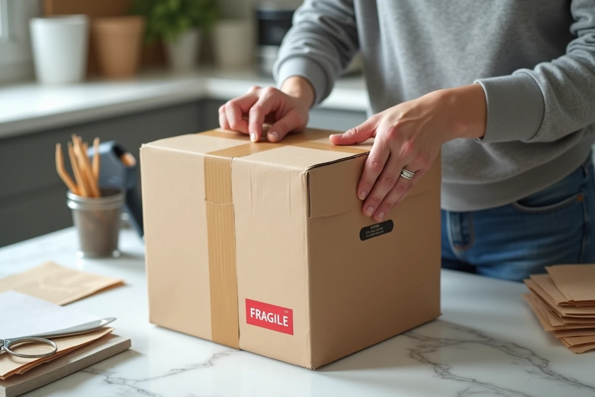 Mains en train de scotcher une boîte cartonnée avec un autocollant Fragile pour expédition sécurisée