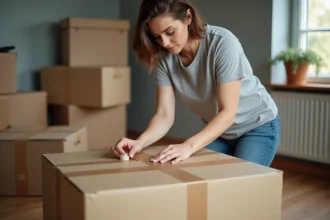 Femme appliquant du scotch d'emballage marron sur un carton de déménagement dans un salon
