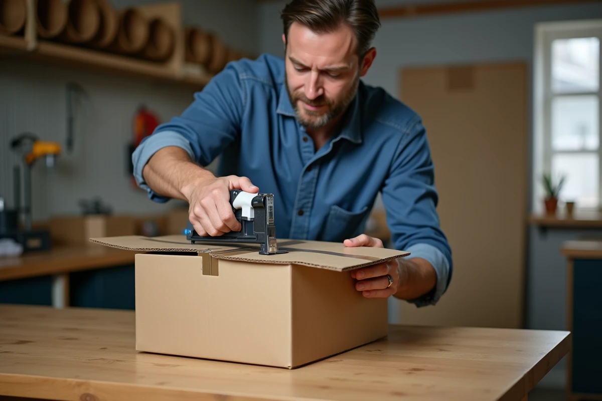 Homme utilisant un dévidoir de scotch pour fermer le bas d'un carton d'expédition sur un établi