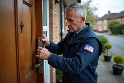 Serrurier professionnel inspectant une serrure renforcée sur une porte d'entrée en bois pour prévenir les intrusions