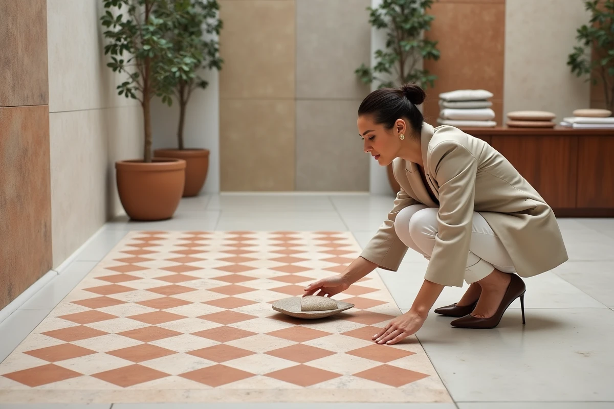 Femme examinant des carreaux de ciment géométriques tendance terracotta dans un showroom de carrelage de sol 2026