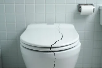 Gros plan sur un siège de toilette blanc fissuré au niveau de la charnière en plastique dans une salle de bain moderne