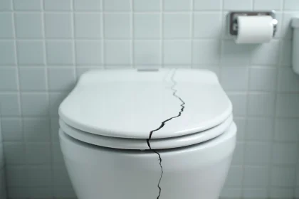 Gros plan sur un siège de toilette blanc fissuré au niveau de la charnière en plastique dans une salle de bain moderne