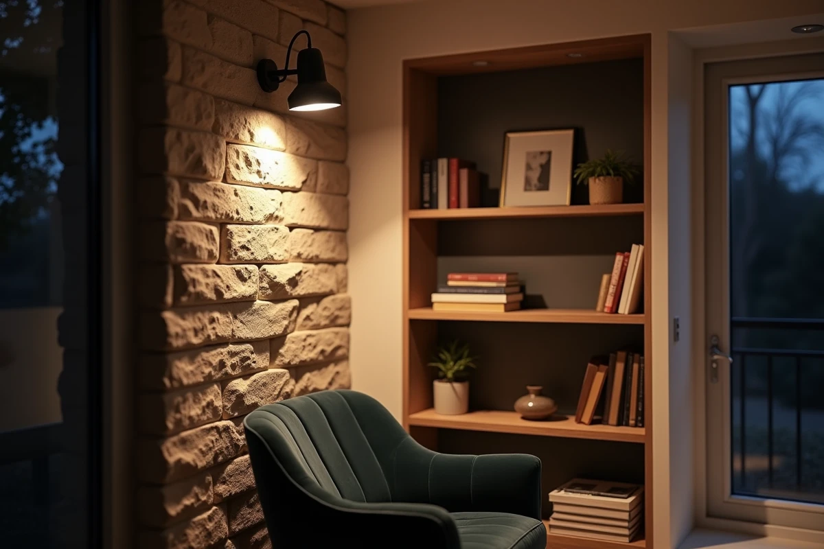 Spot orientable sur rail au plafond d'un salon dirigé vers un mur en pierre avec bibliothèque intégrée et fauteuil en velours