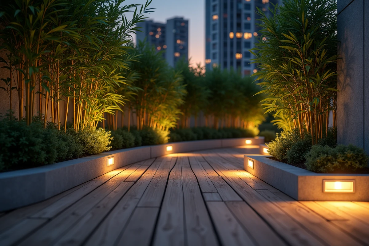 Terrasse moderne avec spots LED encastrés dans le bois et éclairage de bambous sur rooftop urbain la nuit