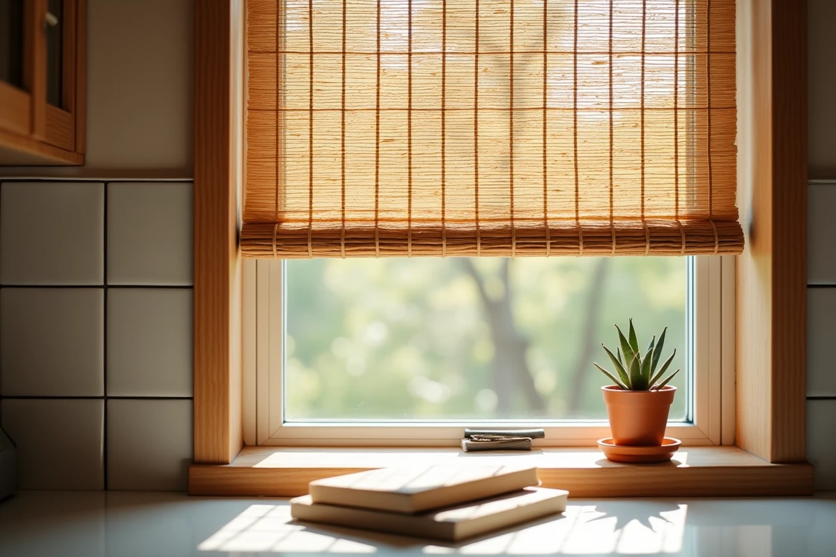 Store en bambou artisanal à moitié baissé sur une fenêtre de cuisine pour bloquer le soleil à faible coût avec une plante succulente sur l'appui