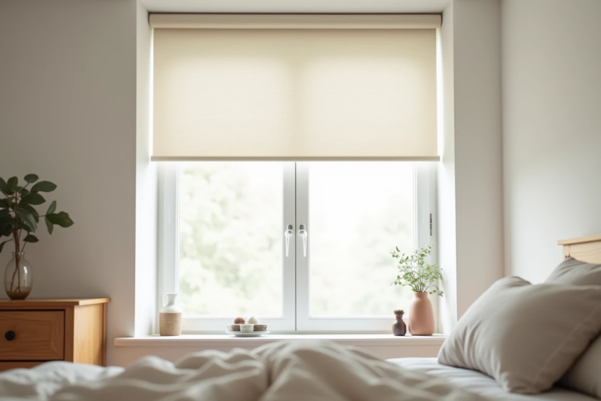 Store enrouleur occultant ivoire installé sur une fenêtre de chambre à coucher