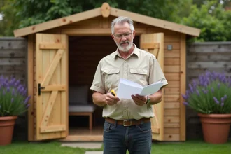 Homme mesurant la surface d'un abri de jardin en bois dans un jardin résidentiel français