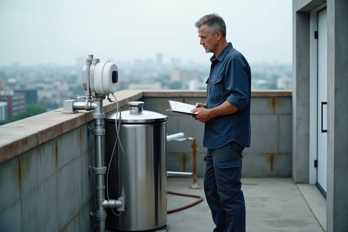 Homme inspectant un système de récupération et filtration d'eau de pluie sur une terrasse urbaine avec cuve en acier inoxydable