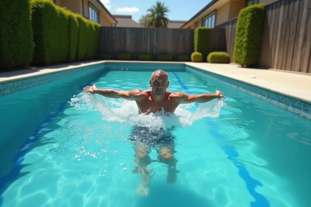 Homme nageant des longueurs dans une piscine rectangulaire de 10 mètres dans un jardin privé