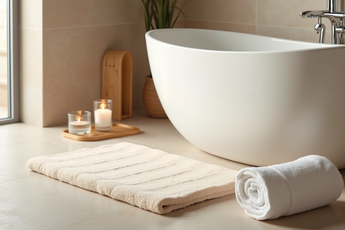 Tapis de bain en diatomite posé sur le sol d'une salle de bain style spa à côté d'une baignoire îlot