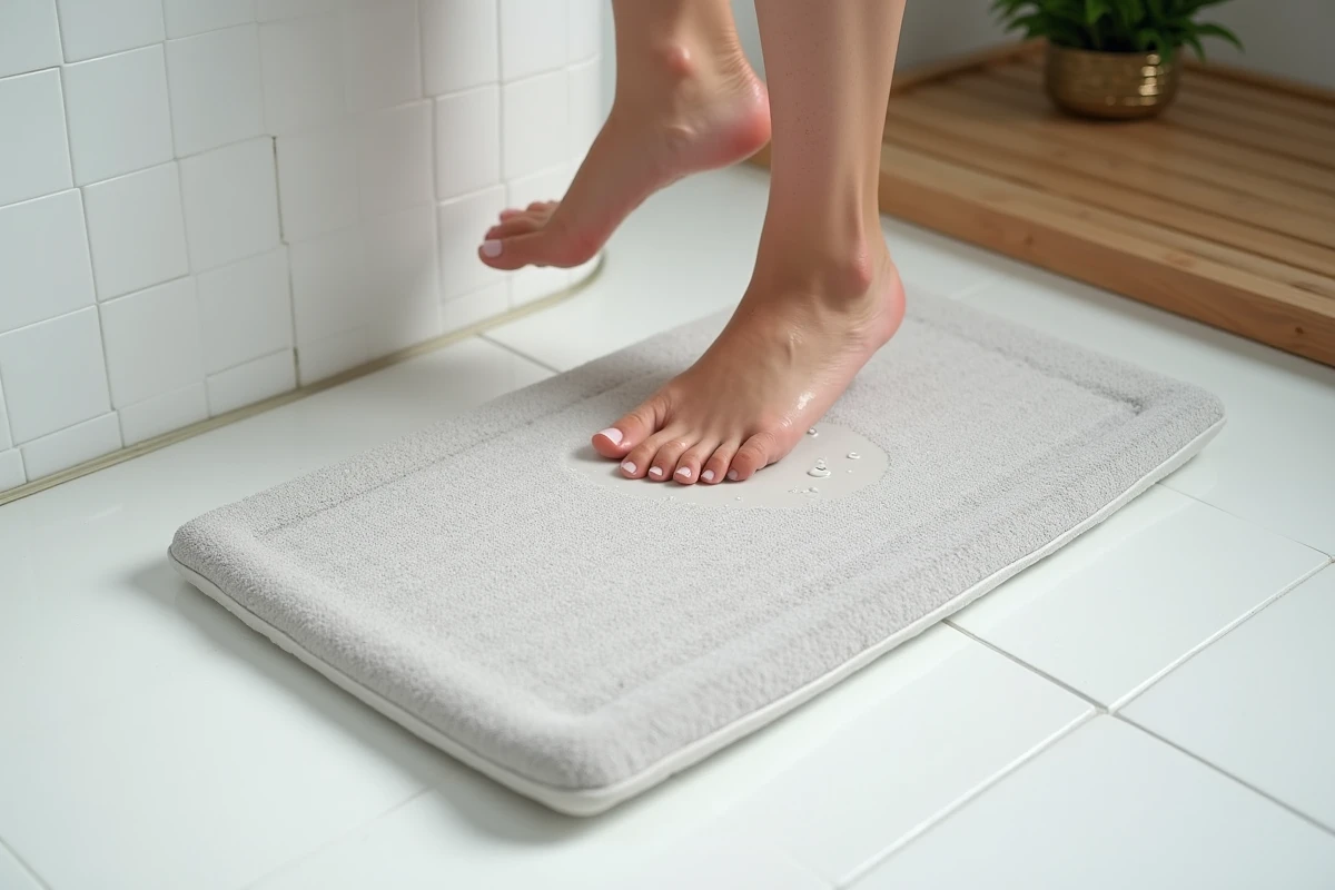 Tapis de bain en diatomite gris posé sur un sol de salle de bain blanc avec des pieds nus qui absorbent l'eau