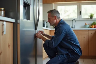 Technicien en train d'inspecter un réfrigérateur en inox pour évaluer sa durée de vie dans une cuisine moderne