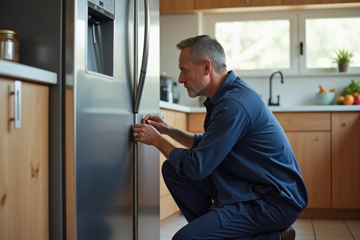 Technicien en train d'inspecter un réfrigérateur en inox pour évaluer sa durée de vie dans une cuisine moderne