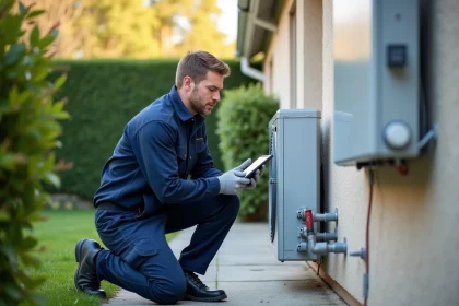 Technicien installant une pompe à chaleur air-air sur la façade extérieure d'une maison individuelle en France
