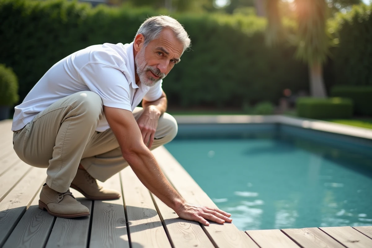 Homme examinant la texture d'une terrasse de piscine en bois composite gris-brun