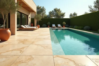 Terrasse de piscine en travertin naturel entourant une piscine à débordement dans un jardin méditerranéen