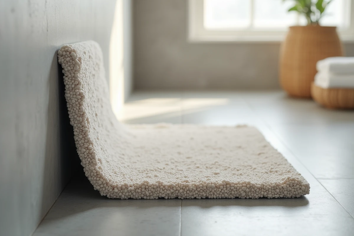 Gros plan sur la tranche et la texture poreuse d'un tapis de bain en diatomite gris appuyé contre un mur