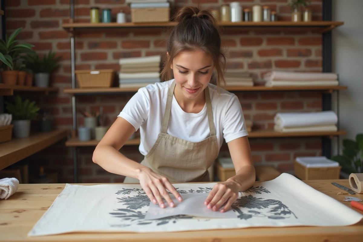 Femme réalisant un transfert d'image sur tissu coton dans un atelier de couture artisanal