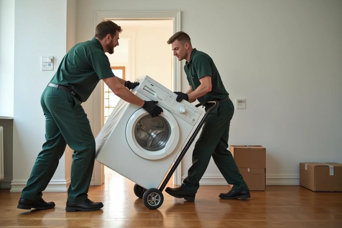 Déménageurs transportant une machine à laver emballée avec un diable dans un appartement vide