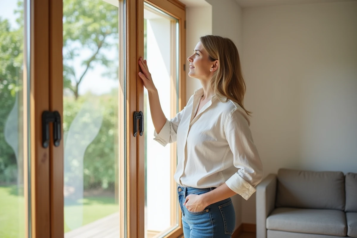 Femme inspectant la qualité d'une nouvelle fenêtre en bois installée dans son salon