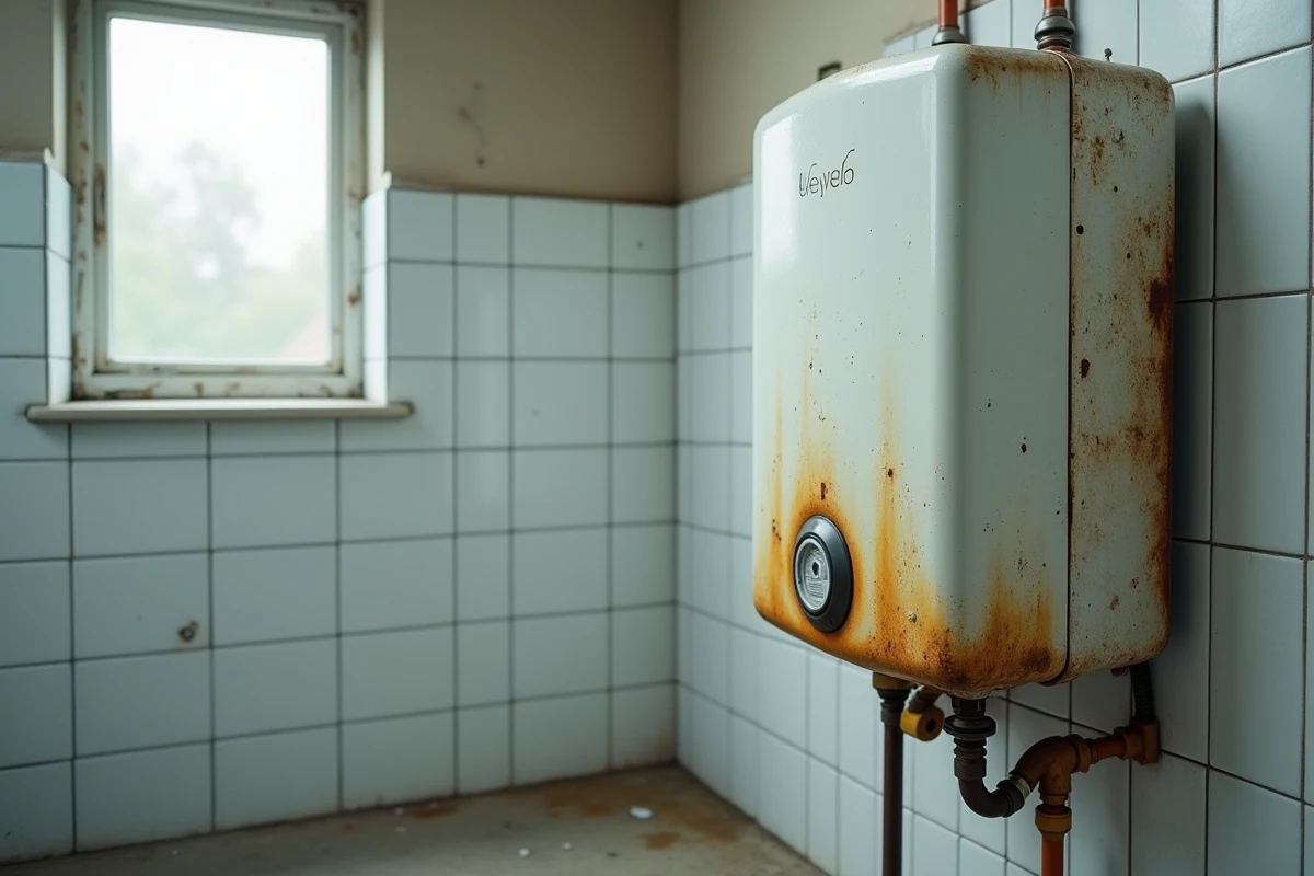 Vieux chauffe-eau électrique usé fixé au mur avec des traces de calcaire et de rouille
