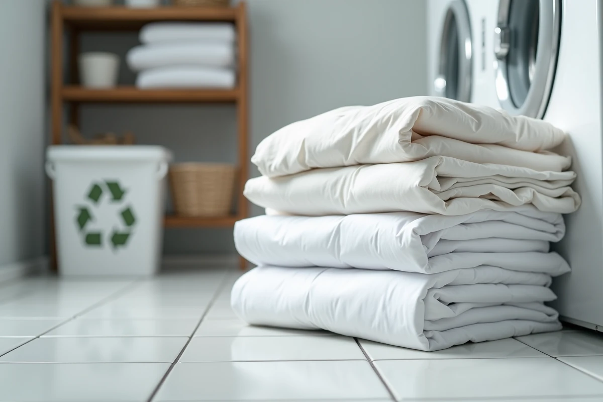 Vieux draps de lit usés et pilés à côté de nouveaux draps propres prêts à remplacer les anciens