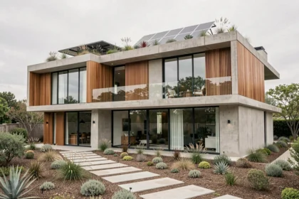Villa contemporaine avec façade en béton et bois, panneaux solaires en toiture et jardin paysager minimaliste illustrant les nouvelles formes d'habitat en 2026