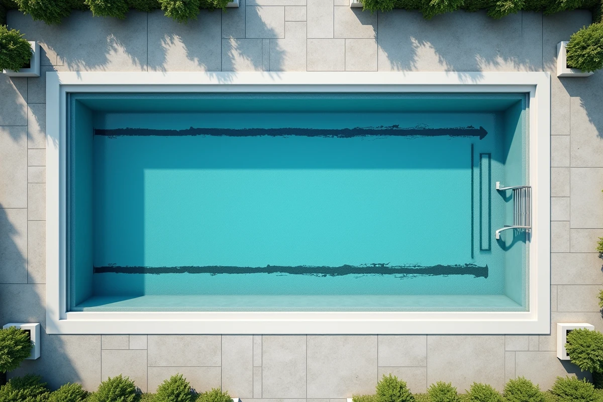 Vue aérienne d'une piscine rectangulaire de 12 mètres avec ruban de mesure indiquant la longueur idéale pour nager